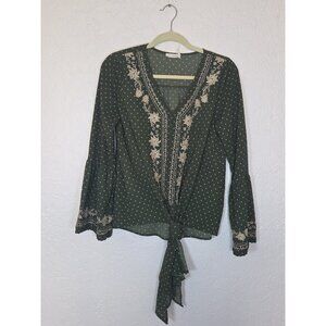 Blu Pepper Women Small Floral Embroidered Tie Boho Tunic Blouse Cottagecore